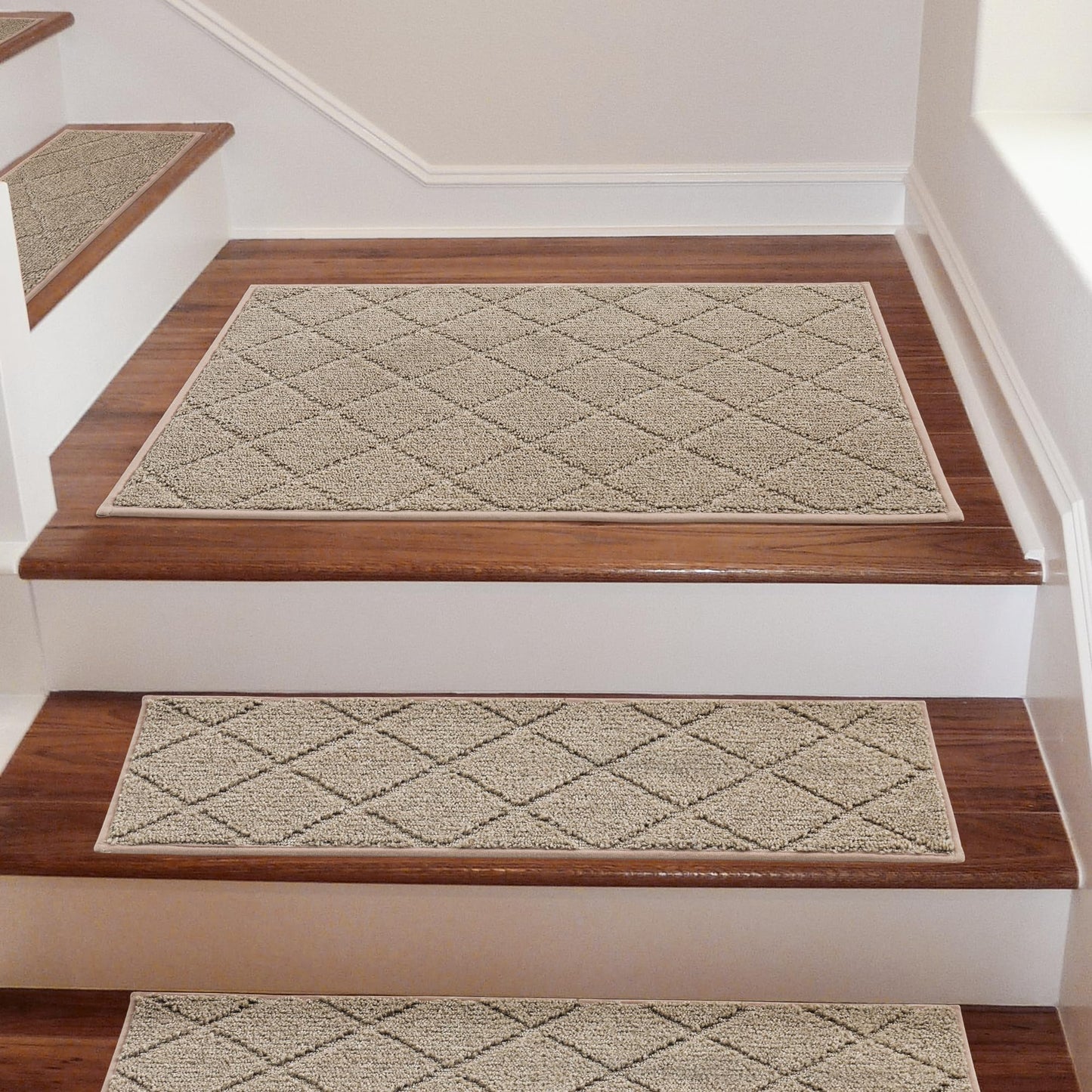 COSY HOMEER Edging Stair Treads Non-Slip Corner Indoor Stair Runners for Wooden Steps,Landing Slip Resistant Stair Rugs for Kids and Dogs, 100% Polyester TPE Backing,Beige