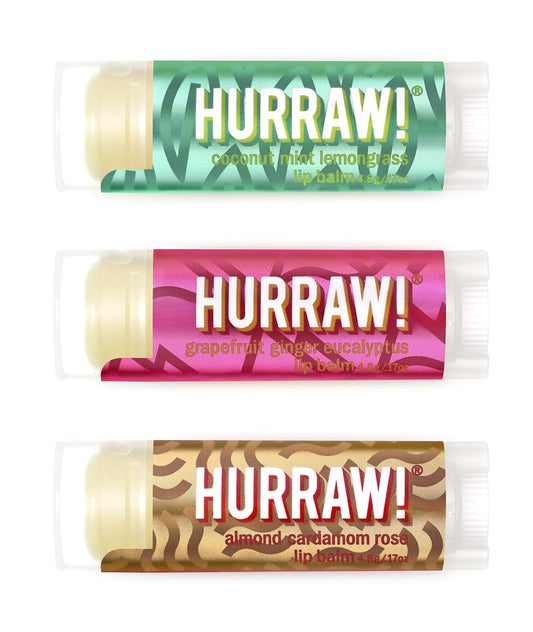 Hurraw! Pitta (Coconut, Mint, Lemon Grass), Kapha (Grapefruit, Ginger, Eucalyptus), Vata (Almond, Cardamon Rose) Lip Balms, 3 Pack Bundle: Organic, Certified Vegan, Cruelty, Gluten Free, 100% Natural