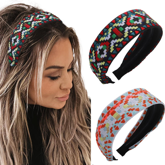 Sinalty Boho Wide Headbands Embroidery Hairbands Ethnic Turban Head Band African Hair Band for Women Pack of 2 (Simple)