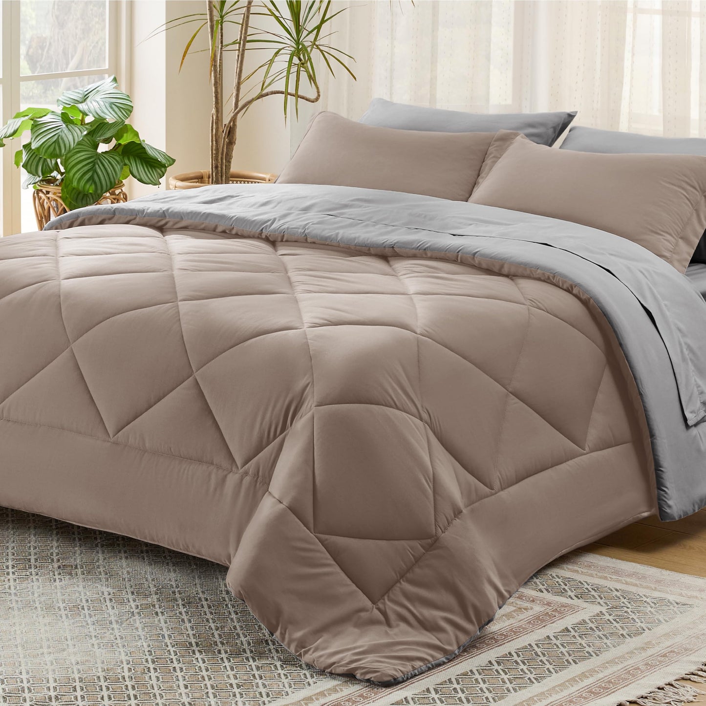 Bedsure Taupe Twin Comforter Set - 5 Pieces Twin Bed in a Bag, Extra Long Twin Bed Set with Comforters, Sheets, Pillowcase & Sham, Twin Bedding Sets