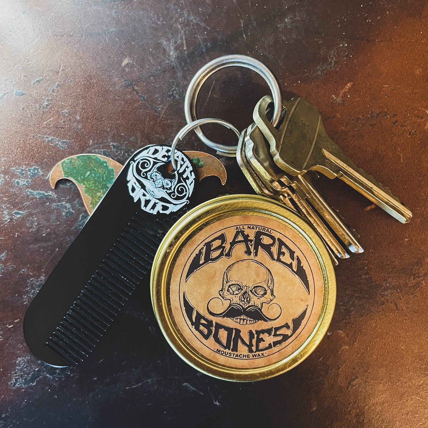 The Vintage Beard Company Bare Bones Medium Hold Mustache Wax and Death Grip Mustache Keychain Comb Set
