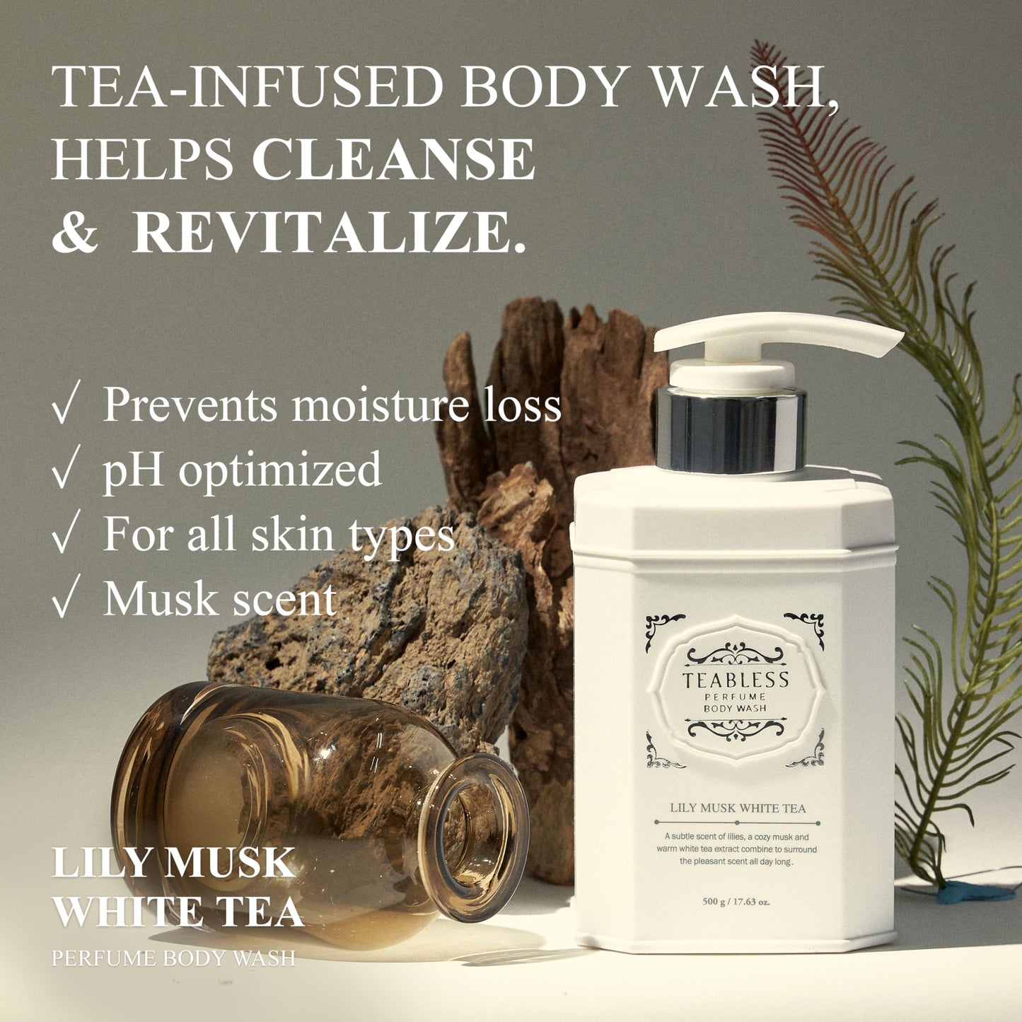 Perfume Body Wash Lily Musk White Tea (17.63oz/500ml) - Hydrating Vegan Body Cleanser for Sensitive Skin - Korean Skin Care with Herbs - Gentle, Moisturizing, Non-Sticky, Floral Musk Scent for Women