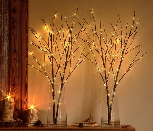 Hairui Lighted Twig Brown Tree Branch with Fairy Lights 32in 100 LED Battery Operated Lighted Willow Branch for Home Christmas Wedding Party Decoration 2Set (Vase Excluded)