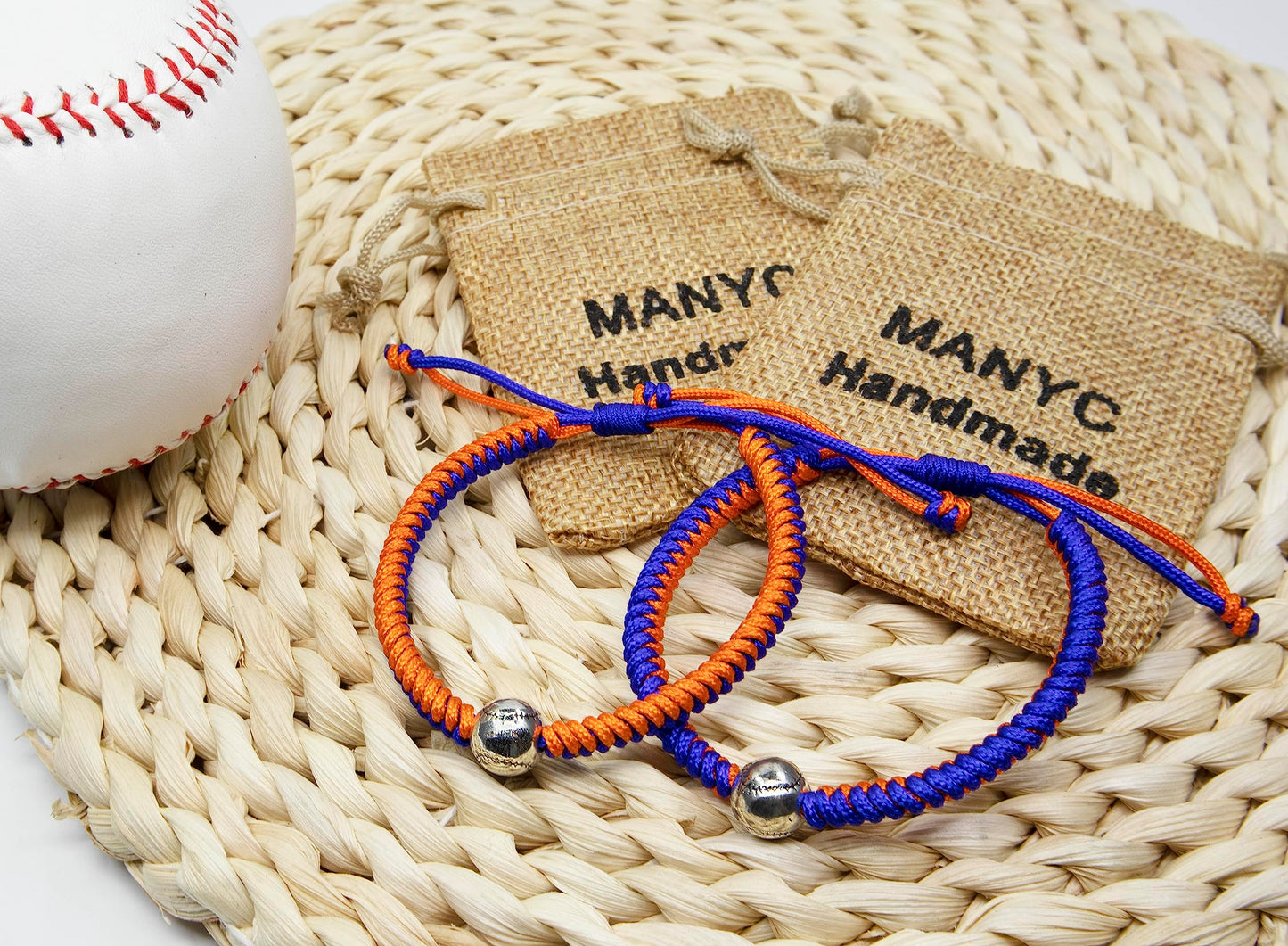 Handmade Braided Bracelets Baseball Gifts for Boys Adjustable Wristbands with Baseball Beads, Inspirational Baseball Bracelets for Girls Teens Adults (Blue Orange 2PCS)