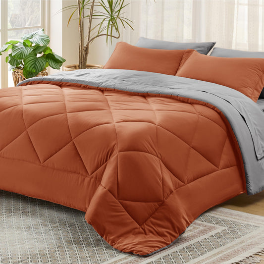 Bedsure Burnt Orange Twin Comforter Set - 5 Pieces Reversible Twin Bed in a Bag, Extra Long Twin Bed Set with Comforters, Sheets, Pillowcase & Sham, Twin Bedding Sets for College