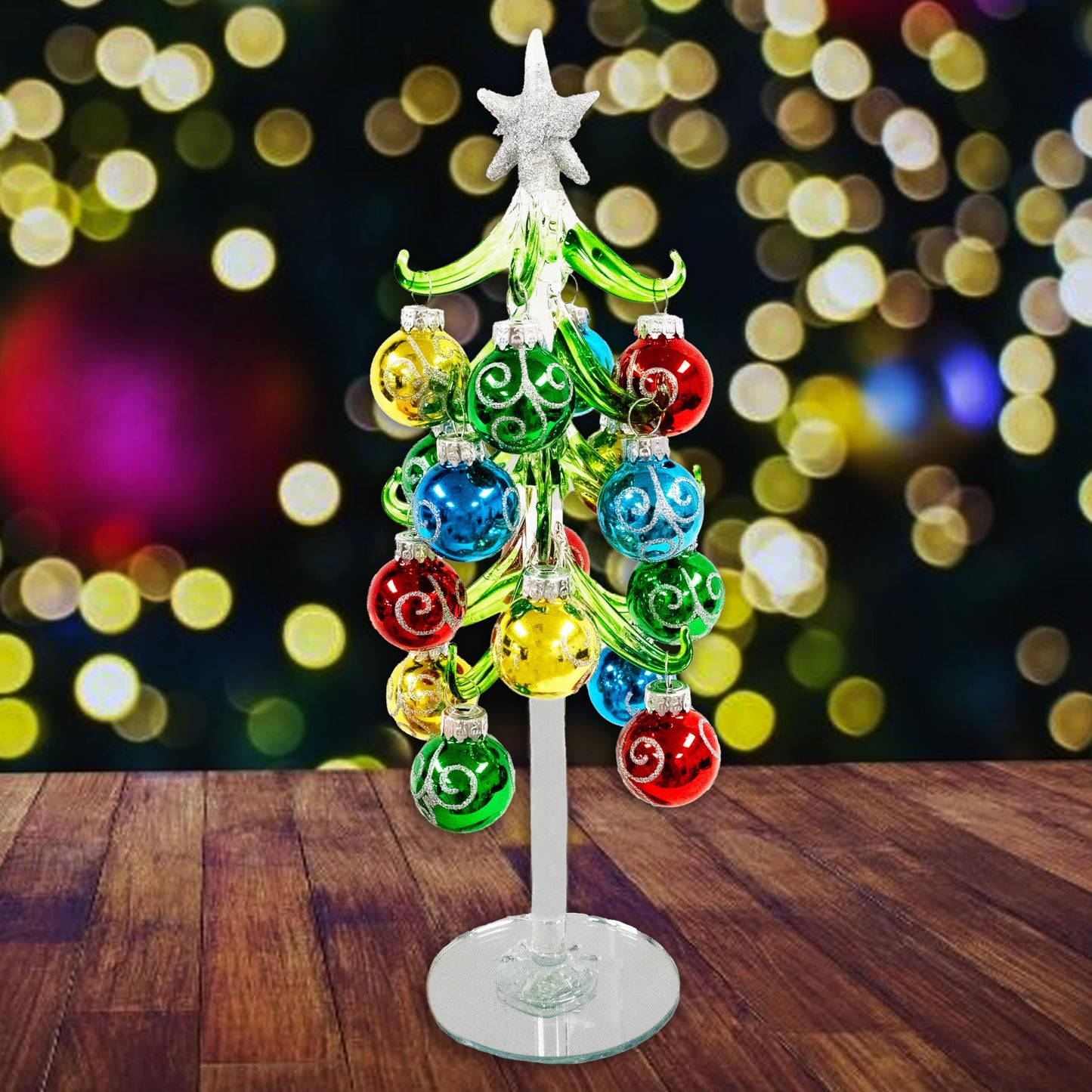 Red Carpet Studios Miniature Glass Christmas Tree with 16 Glitter Ornaments, 10-Inches, Silver