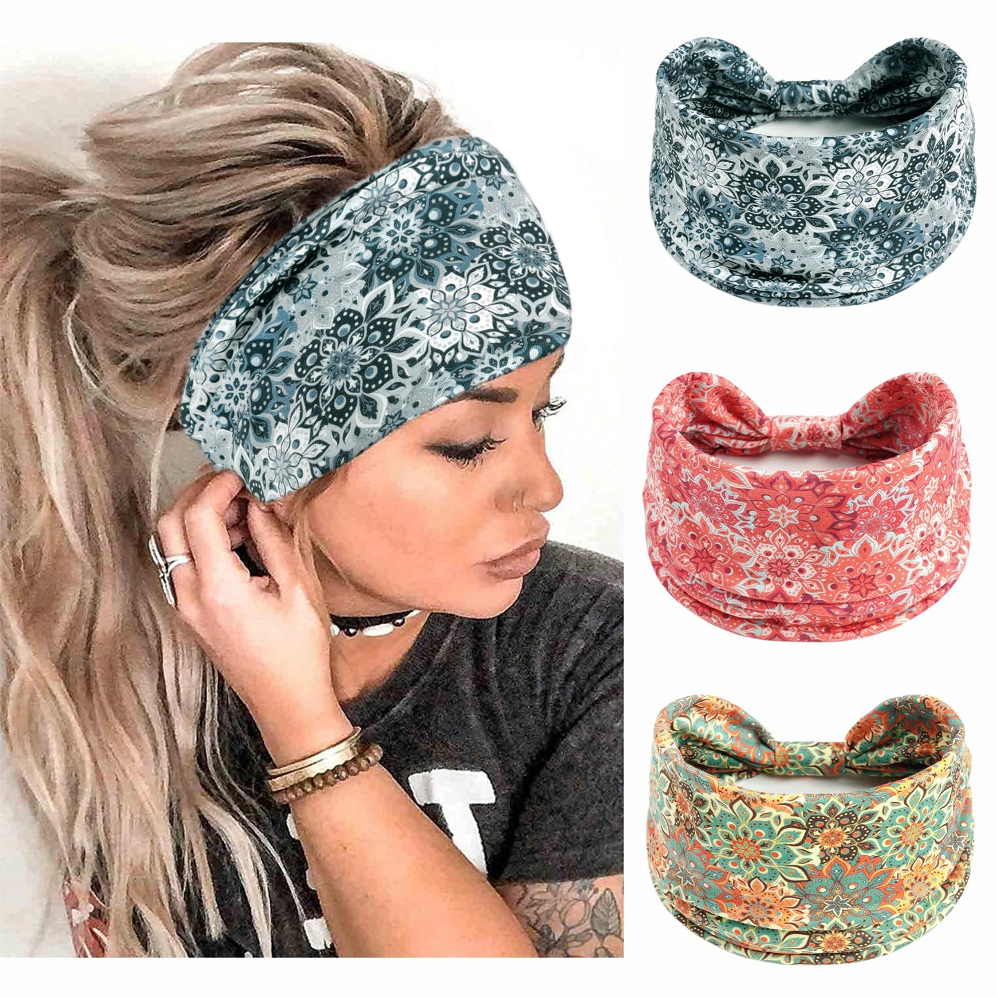 STGDAK Boho Headbands For Women Fashion Wide Head Band Knoted Sweatband Turban Stretch Hair Bands Yoga Running Elastic Headband Stylish Wrap Headbands Hair Accessories for Teen Girls 3 Pack