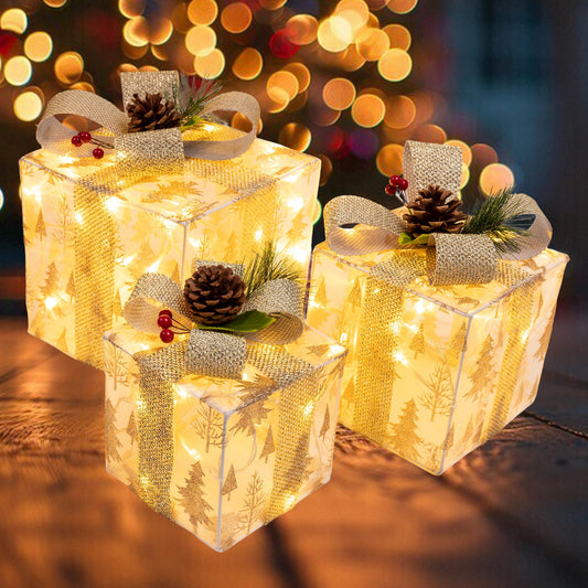 Set of 3 Christmas Lighted Gift Boxes Decoration, 60 LED Lighted Warm White Present Boxes with Bows Pine for Christmas Tree Decorations, Indoor Outdoor Xmas Holiday Decor - Yellow