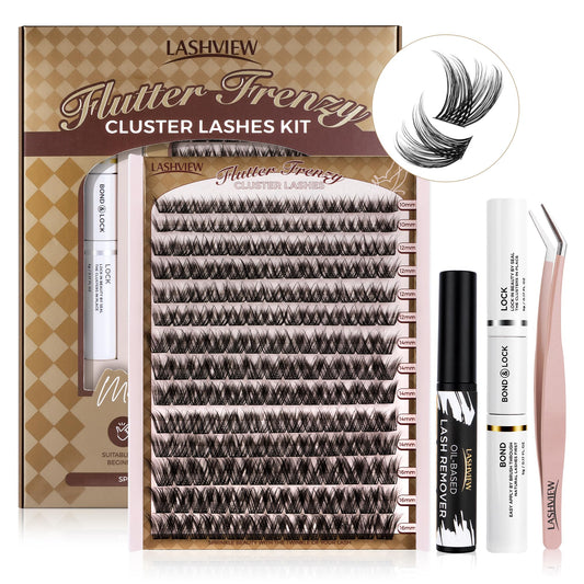 LASHVIEW Diy Lash Extension Kit, DIY Cluster Lashes Kit, 10-16mm Multilayered Cluster Eyelash Extensions, Reusable Fluffy Individual Lashes Cluster(CW42-KTIT)