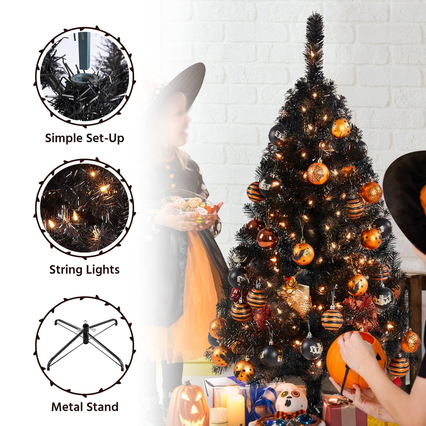 Yaheetech 4ft Pre-lit Halloween Black Spruce Artificial Hinged Christmas Pine Tree Prelighted Xmas Tree for Home Party Holiday Decoration with 70 Clear Warm White Lights and 110 Branch Tips, Black