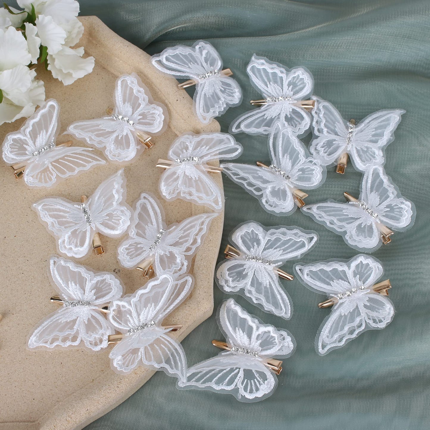 Butterfly Hair Clips 2.6 inch Lace Hair Bows Embroidery Butterfly Hair Pins 15 Pieces Hair Accessories for Halloween Cosplaying Women Girls Teens Hawaii Hair Clips（White,15PCS)