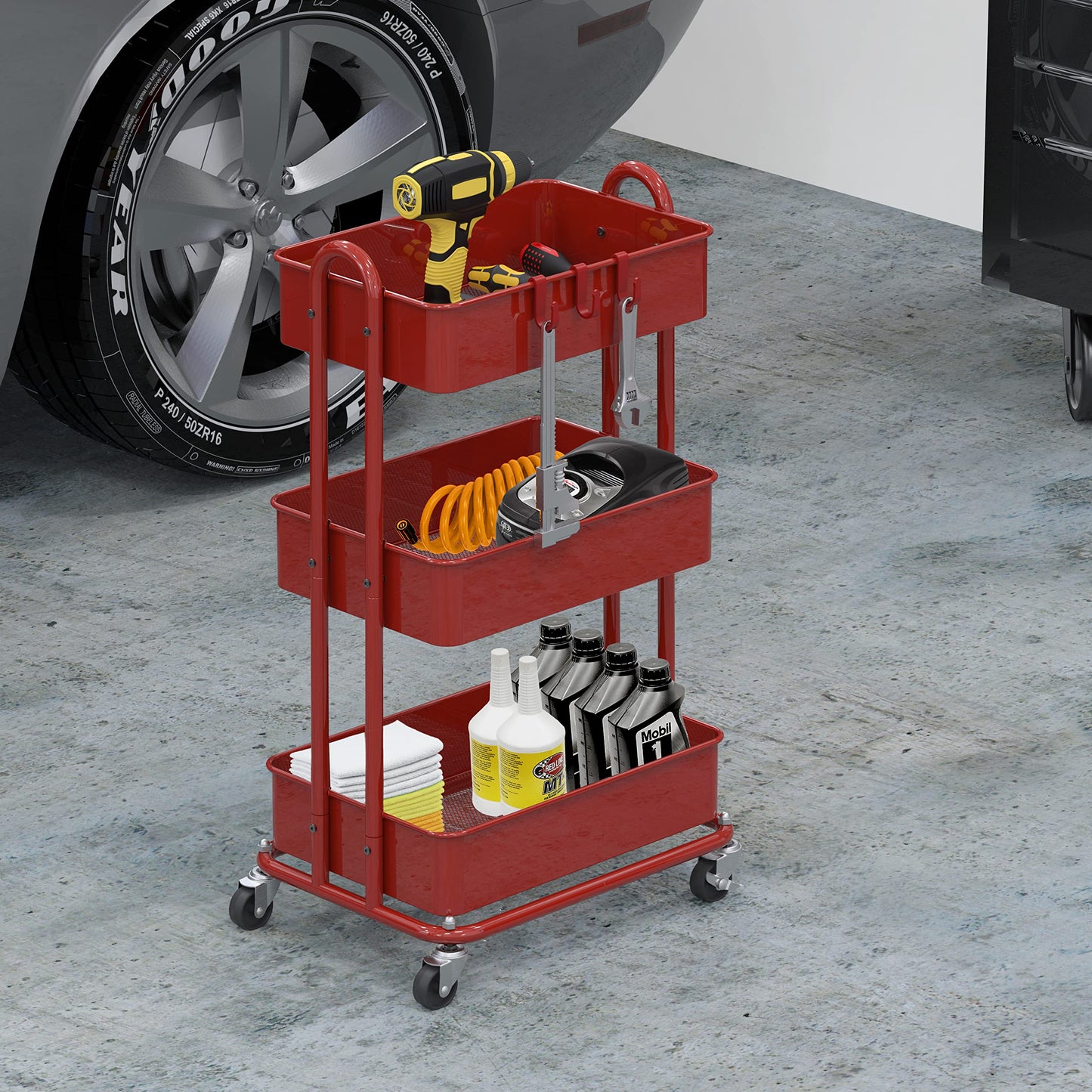 Simple Houseware Heavy Duty 3-Tier Metal Utility Rolling Cart, Red