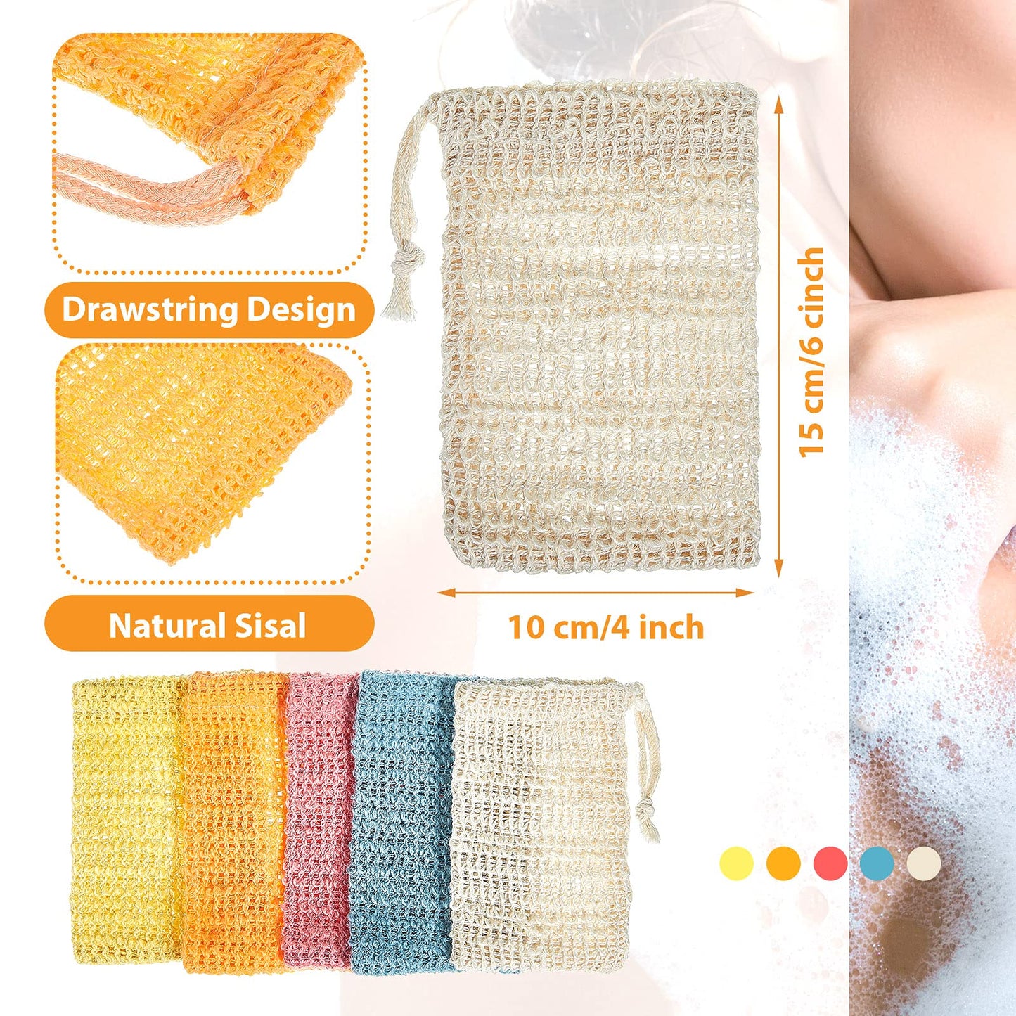 15 Pieces Soap Saver Bag Exfoliating Soap Pouch Sisal Mesh Soap Bag Drawstring (Natural, Pink, Blue, Yellow, Orange)