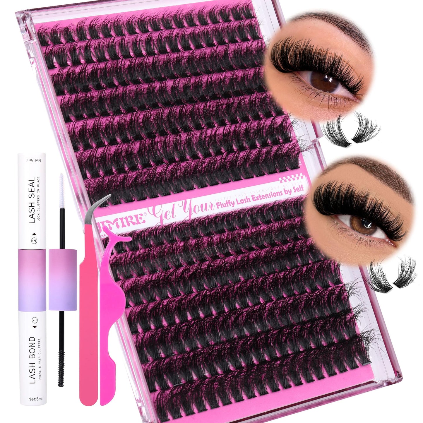 DIY Eyelash Extension Kit Fluffy Lash Clusters Kit Volume D Curl Lash Extensions Kit with Lash Glue Bond and Seal 280Pcs Cluster Eyelash Extensions Kit DIY at Home by JIMIRE(80D+100D,10-18MM)