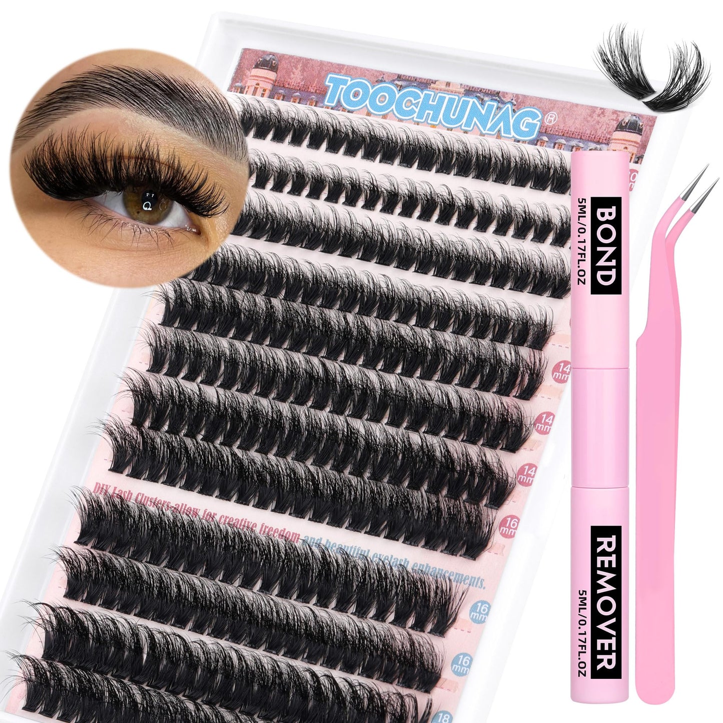 Fluffy Lash Extension Kit with Glue and Remover 80D Individual Lashes Cluster D Curl DIY Eyelash Extension Kit 10-18mm Thick Eyelashes Clusters with Tweezers 240pcs Flat Lash Clusters by TOOCHUNAG