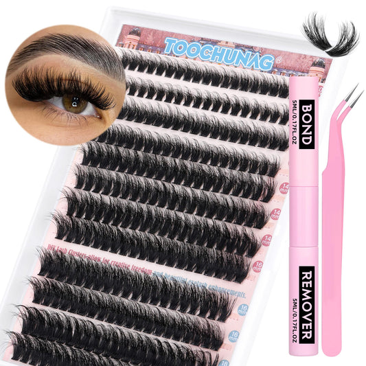 Fluffy Lash Extension Kit with Glue and Remover 80D Individual Lashes Cluster D Curl DIY Eyelash Extension Kit 10-18mm Thick Eyelashes Clusters with Tweezers 240pcs Flat Lash Clusters by TOOCHUNAG