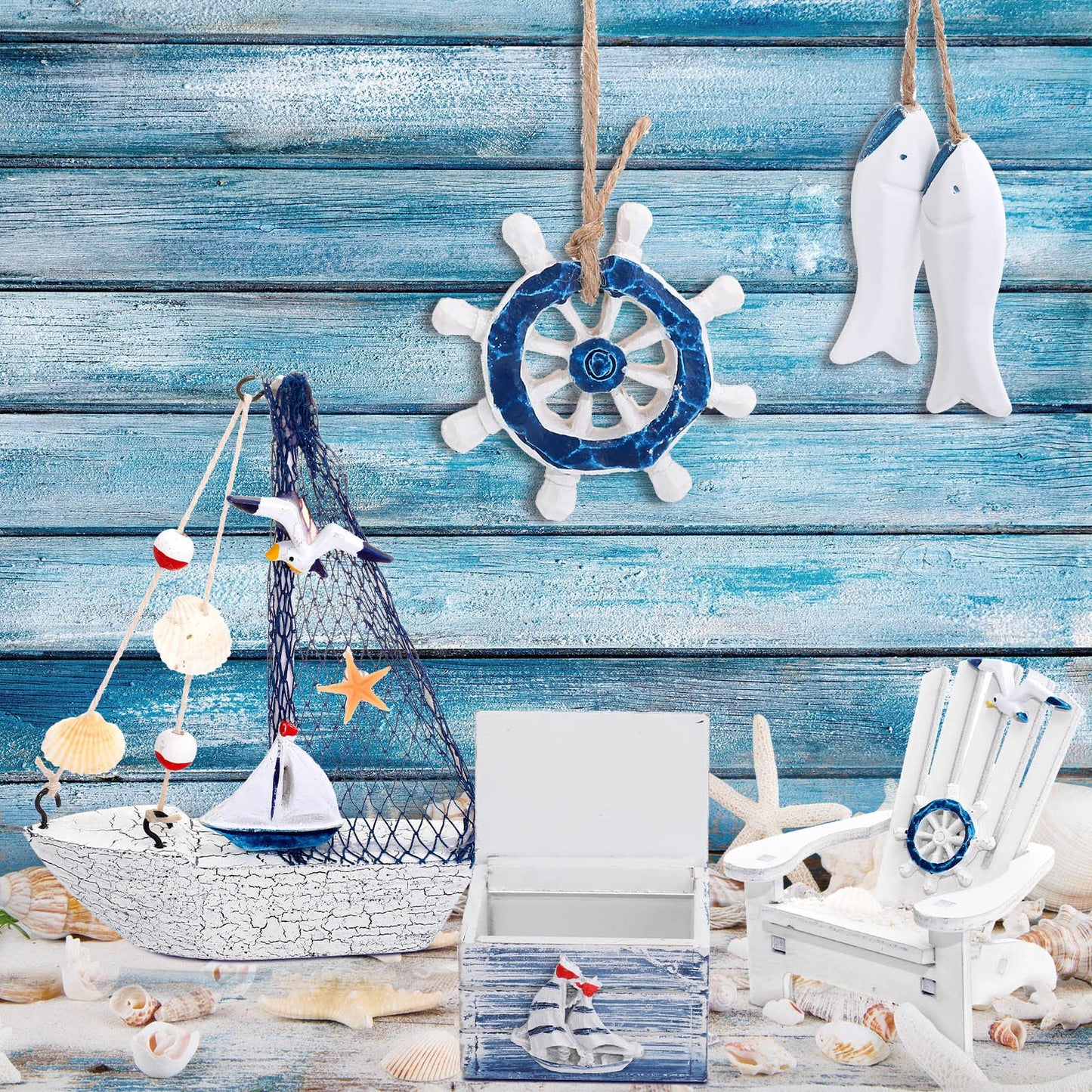 7 Pieces Wooden Box Wooden Lighthouse Mini Sailboat Anchor Wooden Fish Hanging Starfish Model Christmas Tree Ornament Decoration Aquarium Decor Landscape Tank Ornament Office Mini Garden Landscape