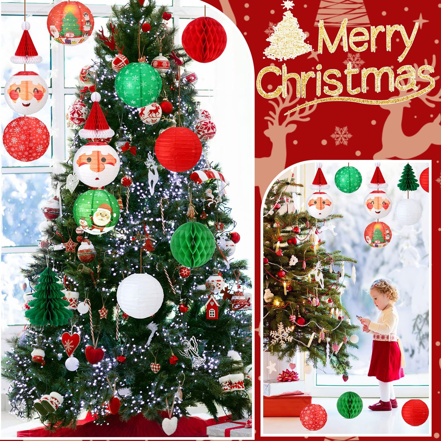 Spiareal 17 Pcs Christmas Party Hanging Paper Lanterns Decorations Set for Santa Claus Paper Lantern Santa Hat Christmas Trees Honeycomb Balls Hanging Party Lanterns for Christmas Decoration Favor