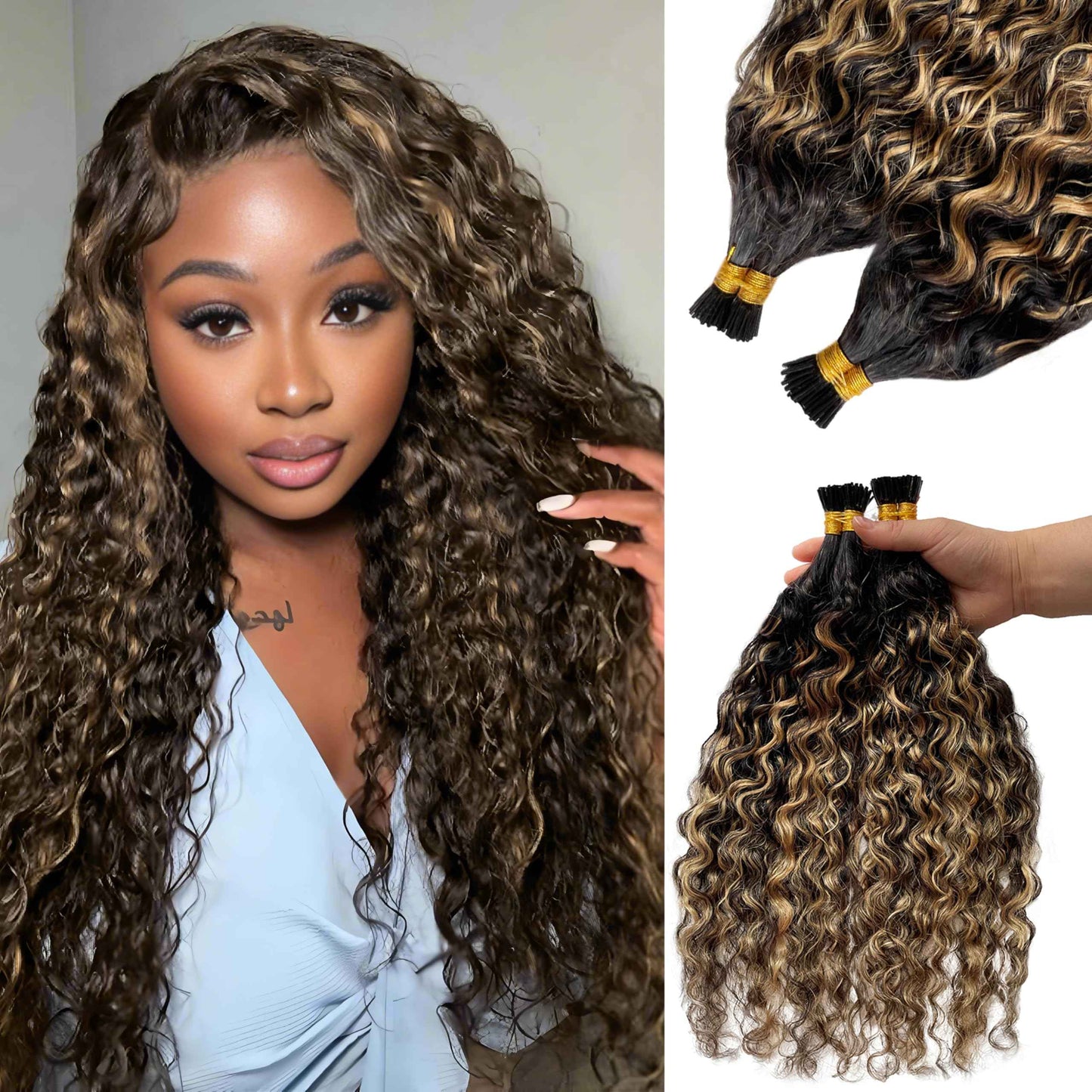I Tip Hair Extensions Human Hair, Ombre Itip Human Hair Extension 100s Water Wave Natural Black Ombre Caramel Brown I Tip Hair Extensions Real Human Hair for Short Hair 50g 16"