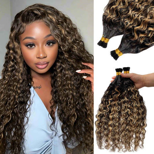 I Tip Hair Extensions Human Hair, Ombre Itip Human Hair Extension 100s Water Wave Natural Black Ombre Caramel Brown I Tip Hair Extensions Real Human Hair for Short Hair 50g 16"