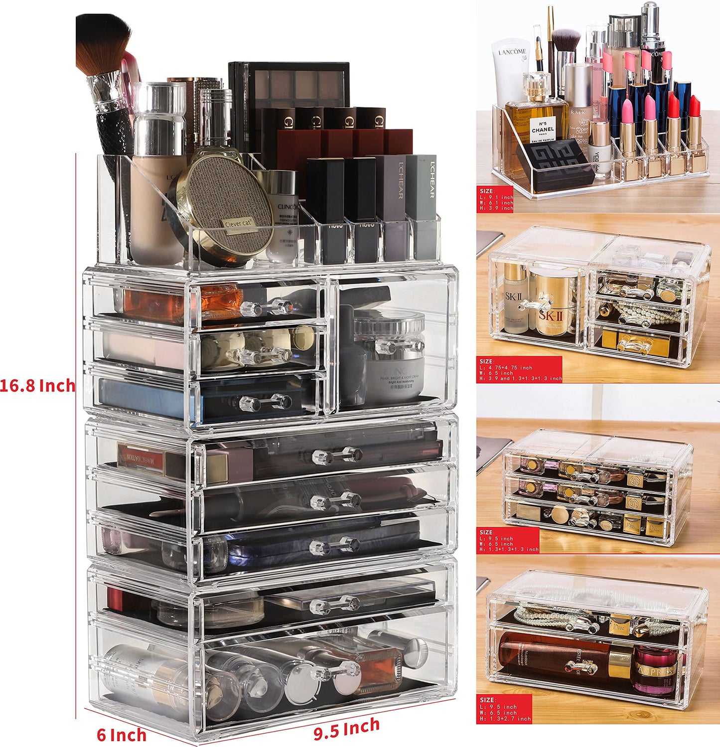 Cq acrylic 4 Pack Clear Make up Organizer Countertop,Stackable 9 Drawers Makeup Storage,Cute Vanity Organizers for dresser Hair Clip,Jewelry,Beauty Product Desk and Bathroom Organizers and Storage