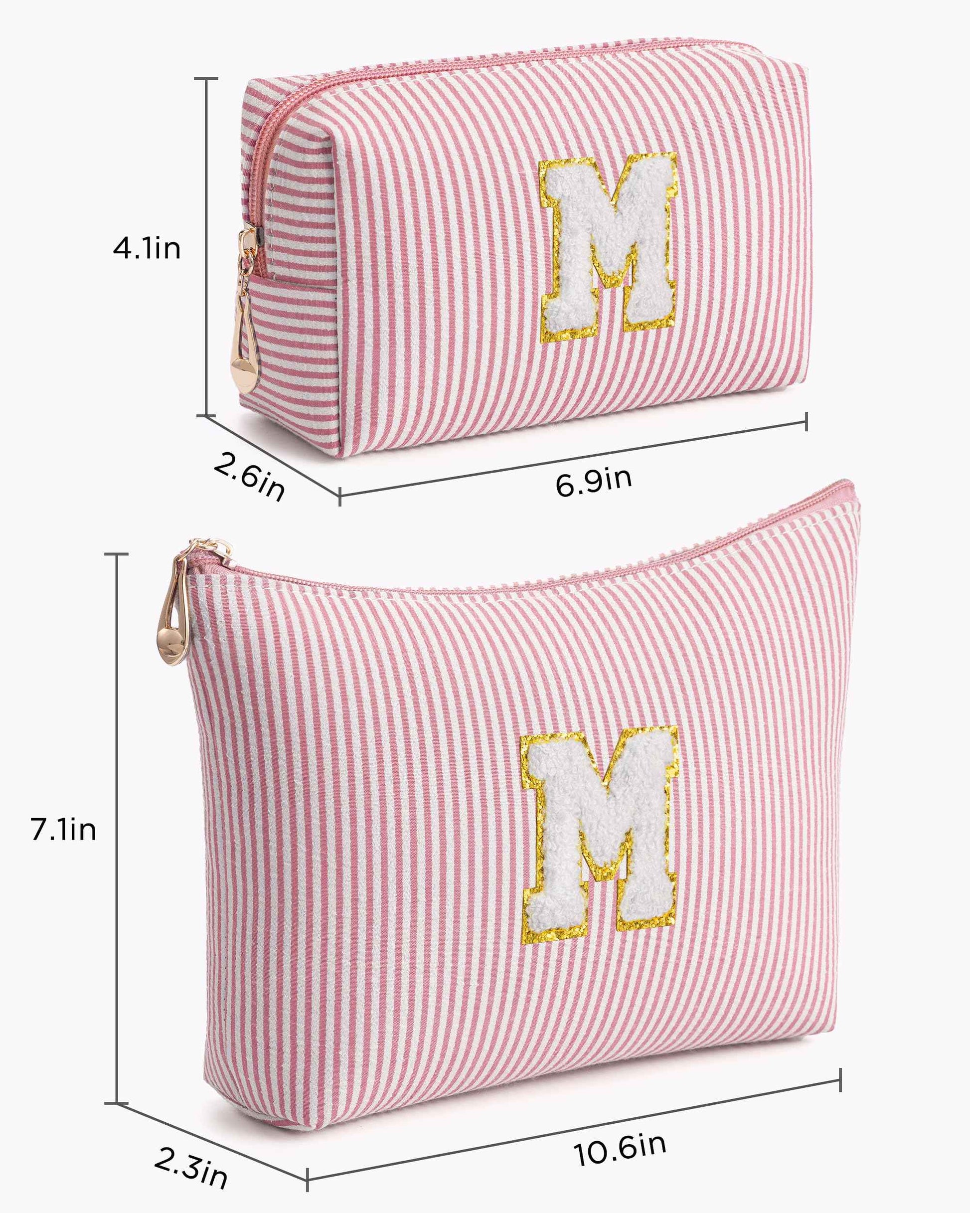 Vorey Pink Personalized Initial Makeup Bag Set, Cute Preppy Travel Toiletry Cosmetic Bags, Small Make Up Pouch, Birthday Gifts for Women, Girls, Friends, (M)