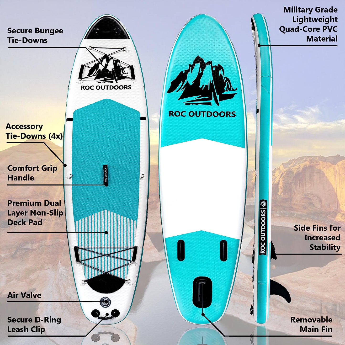 Roc Inflatable Stand Up Paddle Boards 10 ft 6 in with Premium SUP Paddle Board Accessories, Wide Stable Design, Non-Slip Comfort Deck for Youth & Adults (Teal W/Kayak Seat)