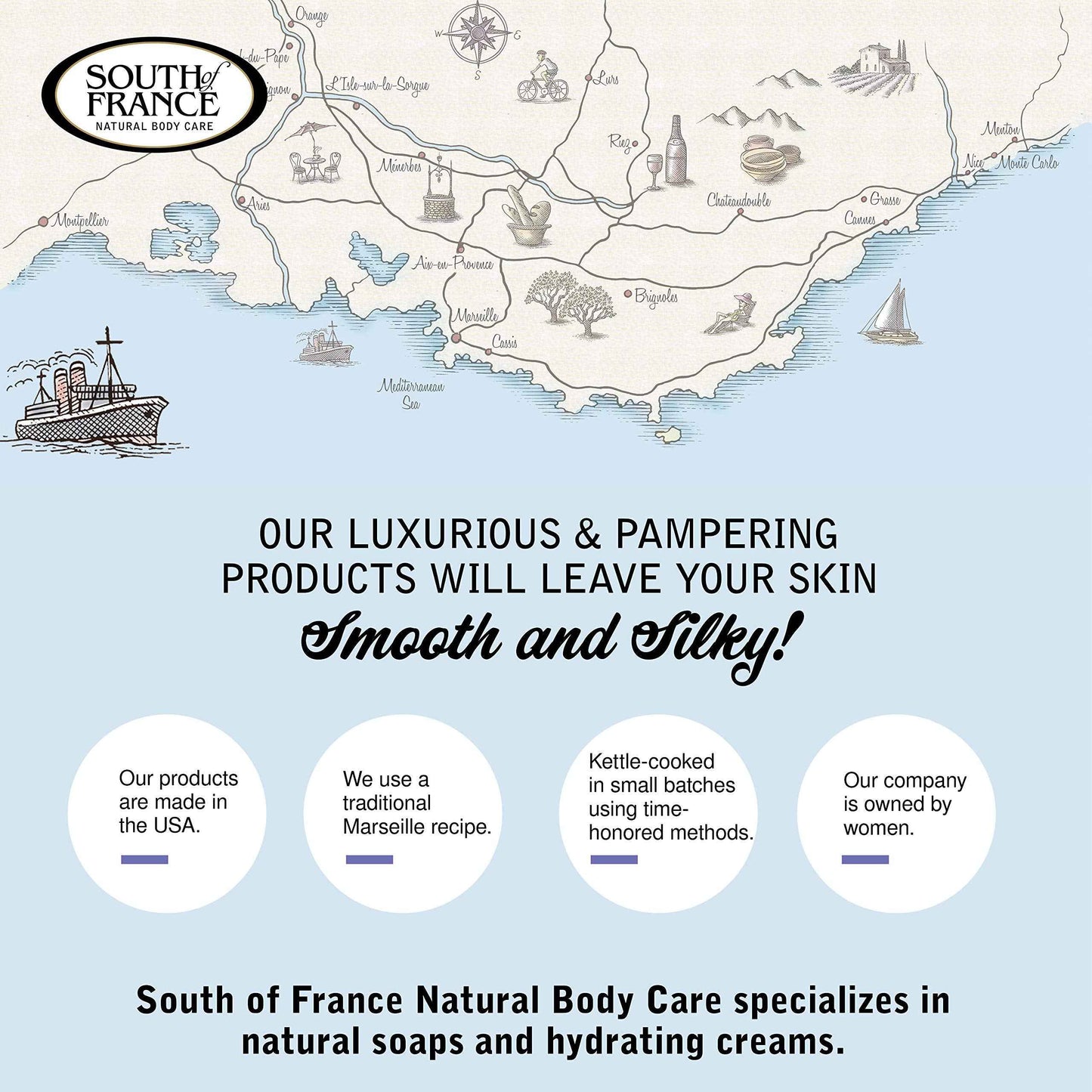 Violet Bouquet Clean Bar Soap by South of France Clean Body Care Triple-Milled French Soap with Organic Shea Butter + Essential Oils Vegan, Non-GMO Body Soap 6 oz Bar 4 Pack