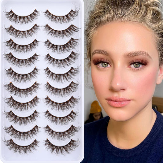 Ruairie Brown Lashes Natural Look False Eyelashes Cat Eye Natural Lashes Clear Band 14MM Fluffy Wispy False Lashes Strip 10 Pairs