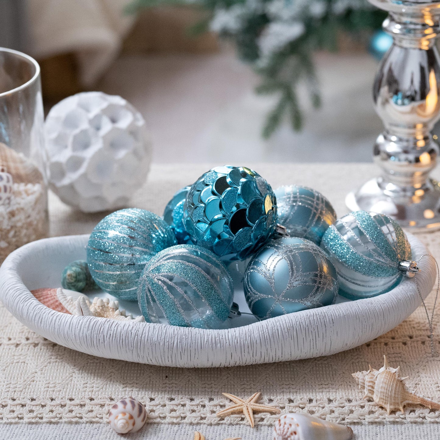 Valery Madelyn Christmas Ball Ornaments, 9ct Light Blue and Silver Shatterproof Christmas Tree Decorations Set, 2.76 Inches Coastal Ocean Hanging Ornaments for Xmas Trees Bulk Holiday Decor