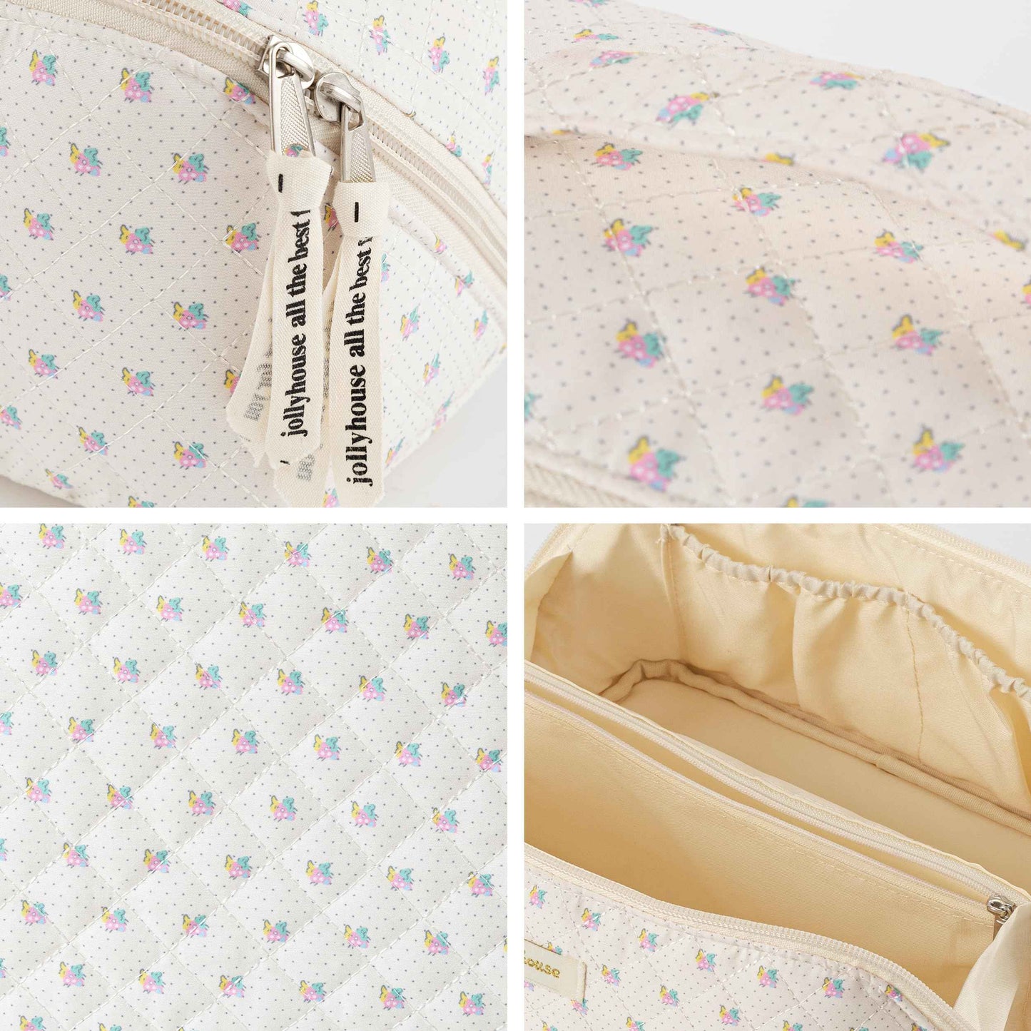 HBselect Quilted Makeup Bag, 3PCS Cotton Large Travel Makeup Bag, Cute Floral Coquette Make up Bag Cosmetic Bag Toiletry Bag for Women Girls