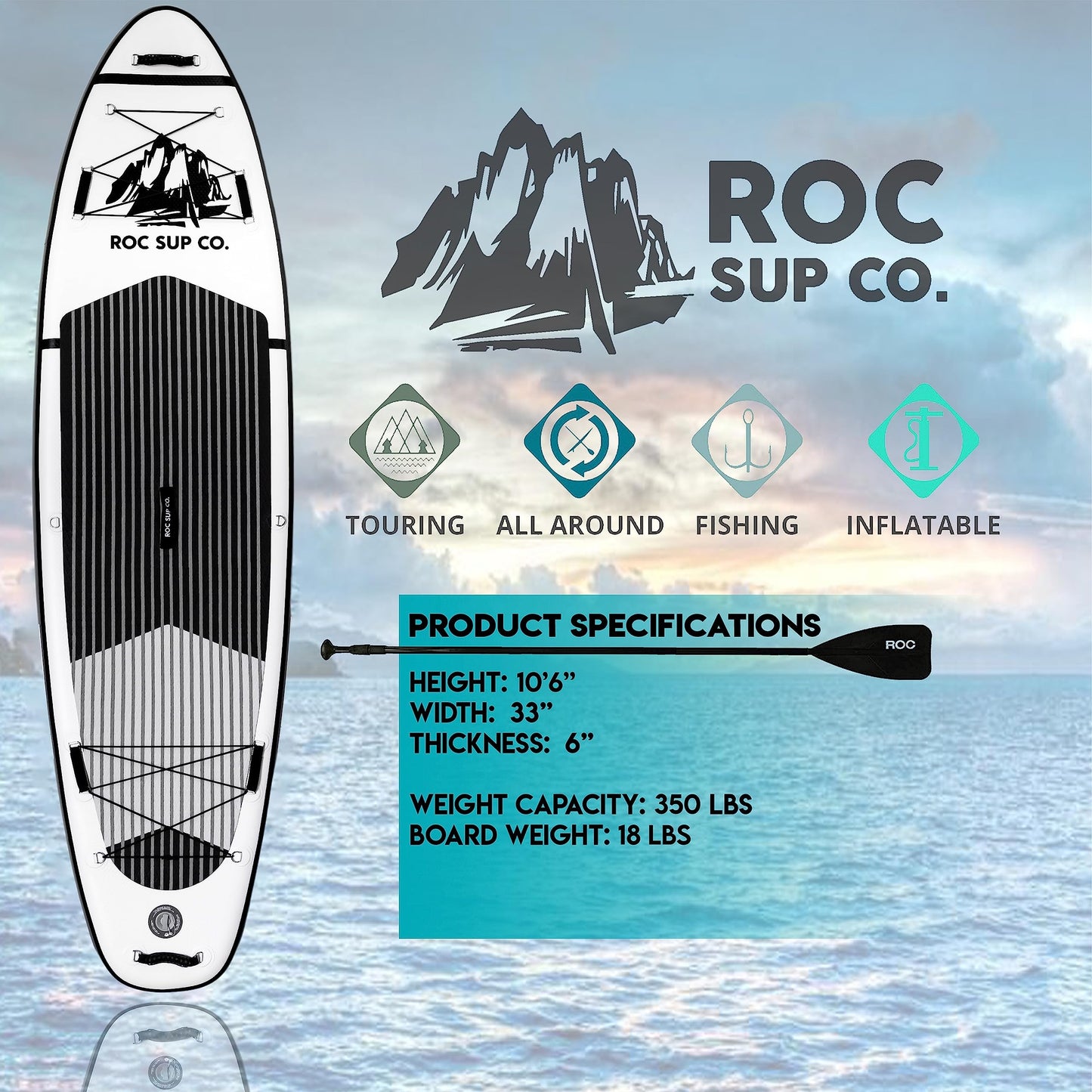 Roc Inflatable Stand Up Paddle Boards 10 ft 6 in with Premium SUP Paddle Board Accessories, Wide Stable Design, Non-Slip Comfort Deck for Youth & Adults (Black and White W/Kayak Seat)