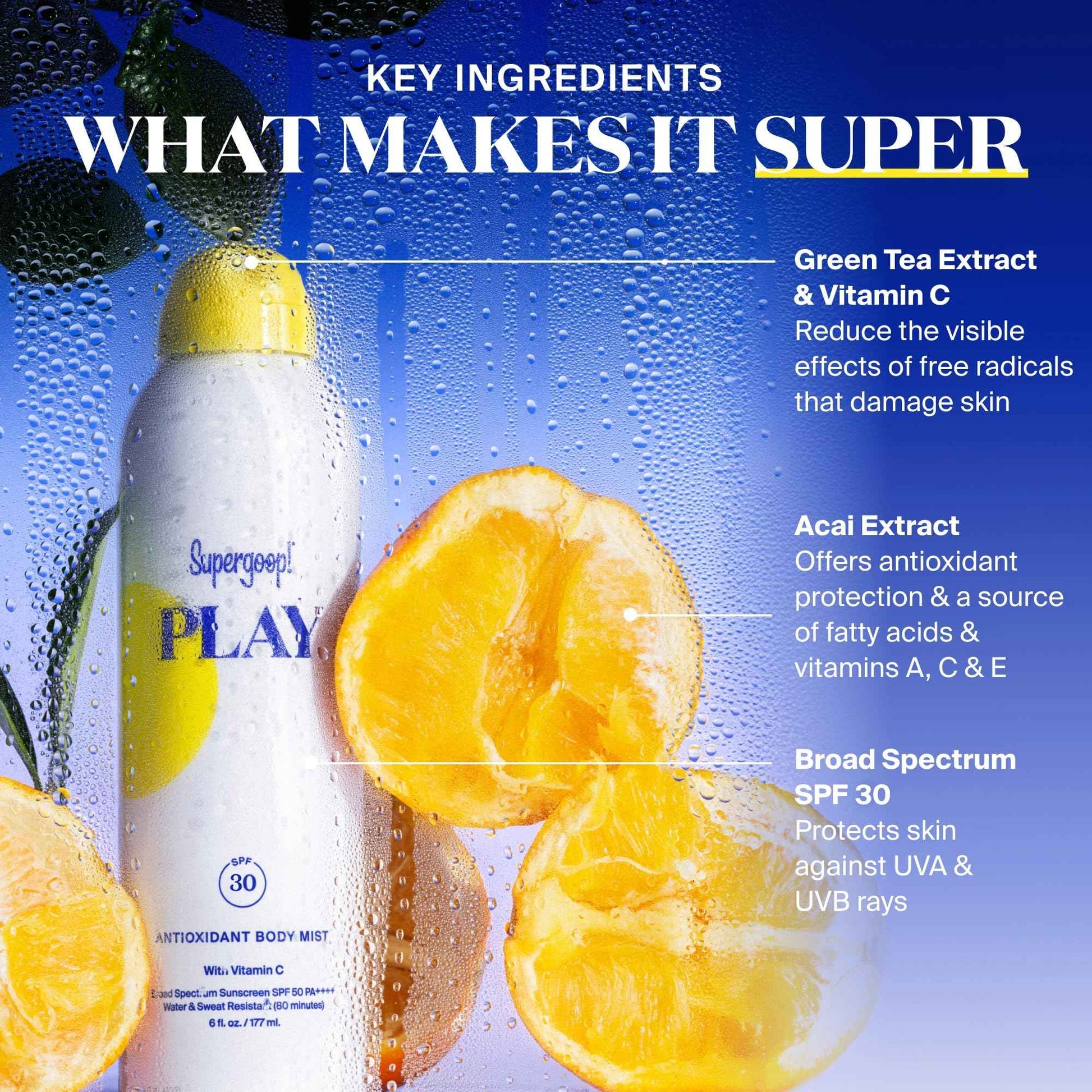 Supergoop! PLAY SPF 30 Antioxidant Body Mist w/Vitamin C - 6 fl oz - Broad Spectrum Sunscreen Spray - Great for Active Days