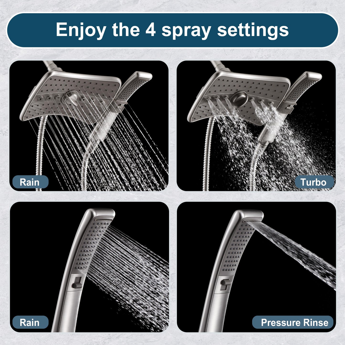 BRIGHT SHOWERS Shower Head Combo with Two Spray Setting , Fixed Shower Head and Handheld with Grey Face, Brushed Nickel