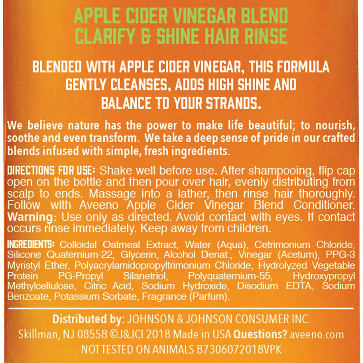 Aveeno Apple Cider Vinegar Clarifying In-Shower Rinse for Balanced, Shiny Hair - Sulfate-Free, pH-Balancing Treatment for Oily or Dull Hair, Paraben & Dye-Free, 6.8 Fl Oz