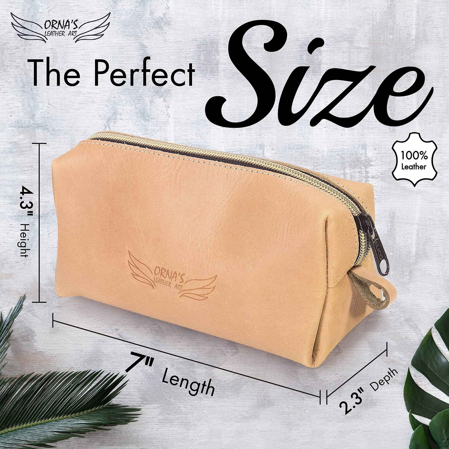 ORNA'S LEATHER ART WOODPECKER UNISEX SAND POUCH: Real Cowhide Men’s Women’s Tan Portable Toiletry Makeup Travel Case, Stylish, Handcrafted, Spacious, Zipper Close