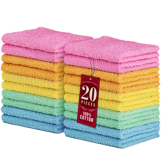 DecorRack 20 Pack 100% Cotton Wash Cloth, Luxurious Soft, 12 x 12 inch Ultra Absorbent, Machine Washable Washcloths, Assorted Colors (20 Pack)