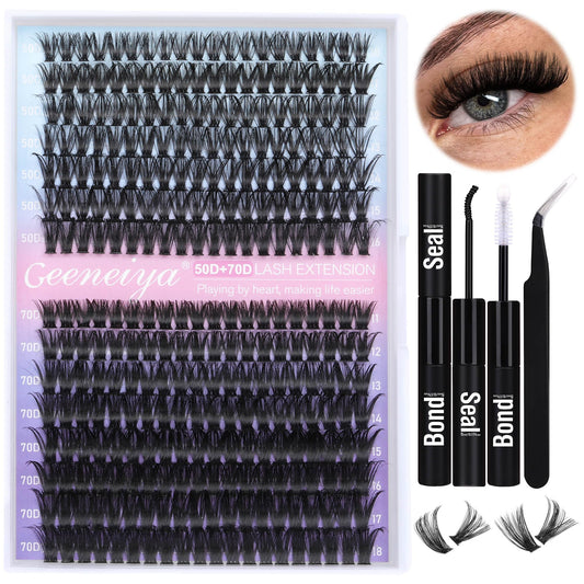 Geeneiya 50D+70D Lash Clusters Kit Wispy Lash Extension Kit 10-18mm Cluster Eyelash Extension Kit Natural Individual Lashes with Waterproof Lash Bond and Seal Glue, Lash Tweezers (10-18mm, 300Pcs)