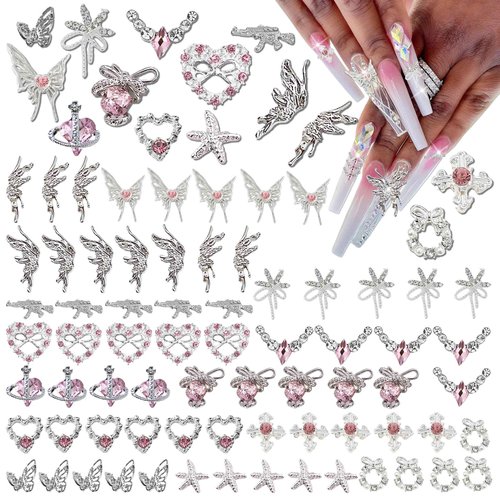 70PCS Silver Nail Charms,Y2K Nail Art Rhinestone Charms 3D Heart Bow Star with Rhinestones,Charms for Nails Design,Accessories Supplies (Silver Pink 2)