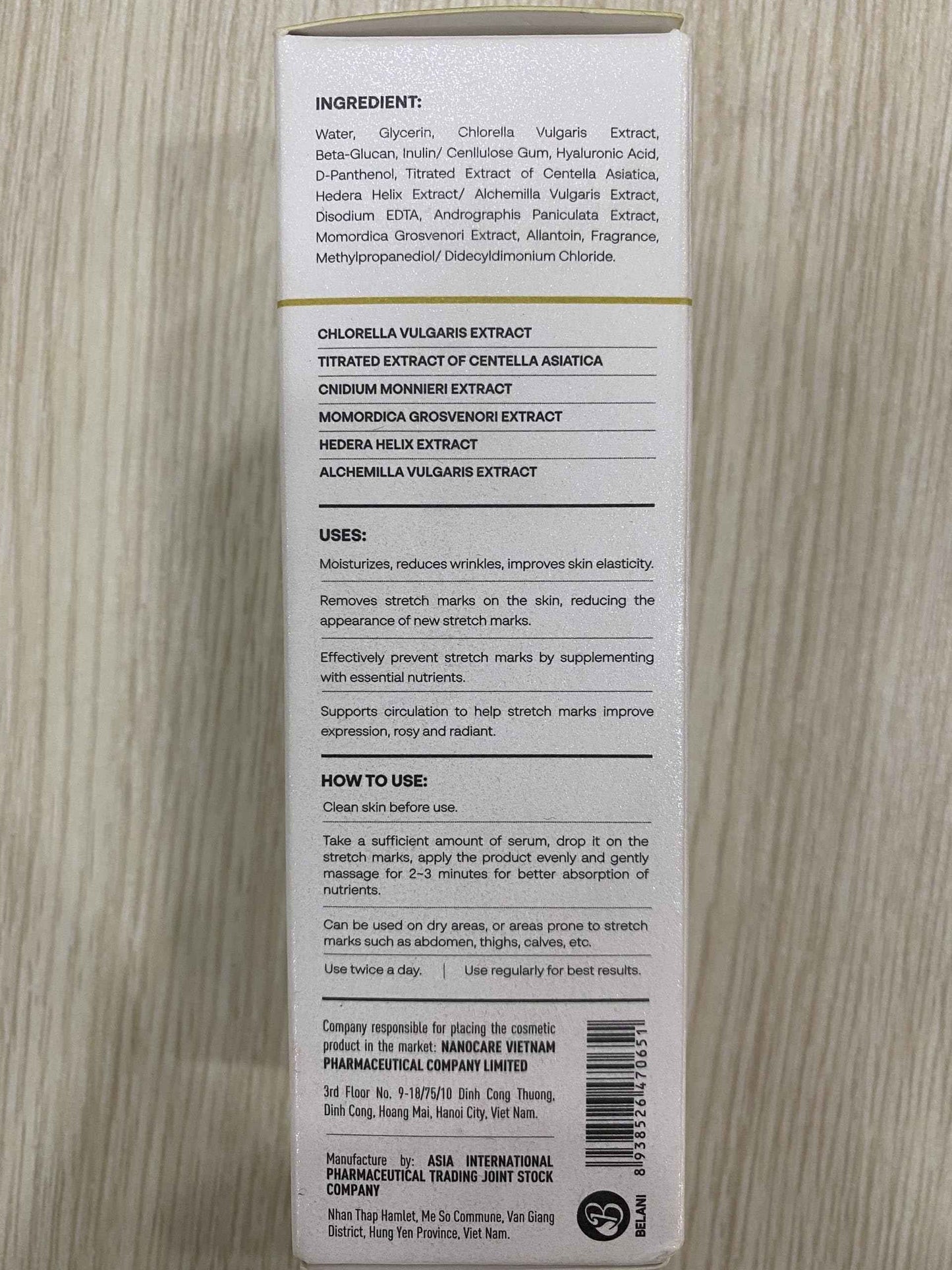 HVSUN Belani stretch marks, regenerates damaged skin cells, stimulates collagen production and reshapes skin firmness. Deeply moisturizing essence leaves skin soft and flaky