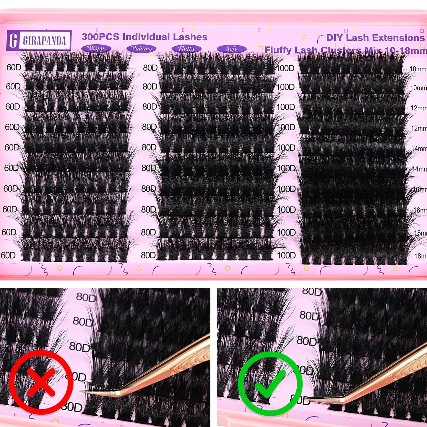 Girapanda Fluffy Lash Clusters Thick 300PCS Individual Lashes Wispy D Curl 60D 80D 100D Volume Cluster Eyelash Extension Mixed 10-18mm Fluffy DIY Lash Extensions at Home, Black