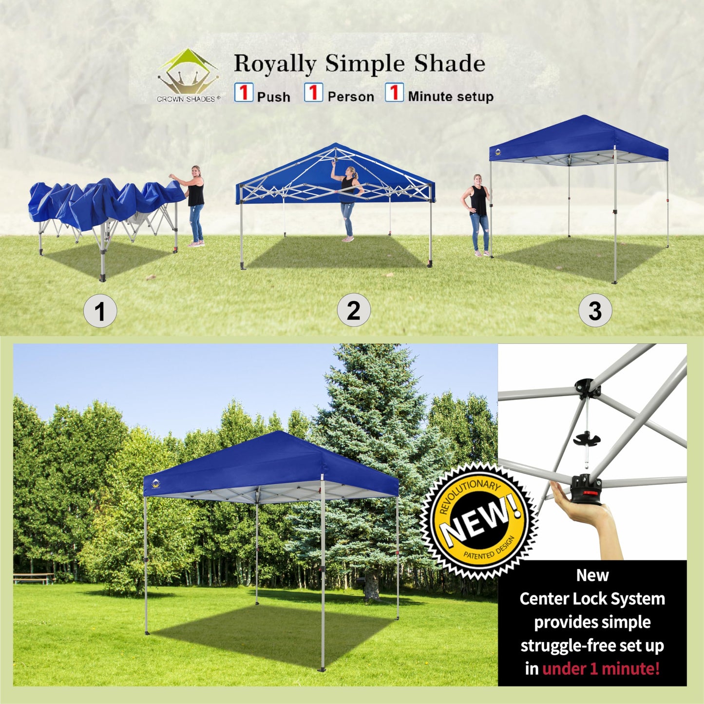 CROWN SHADES 8x8 Pop Up Canopy, Patented Center Lock One Push Instant Popup Outdoor Canopy Tent, Newly Designed Storage Bag, 8 Stakes, 4 Ropes, Silver-Coated Navy Blue