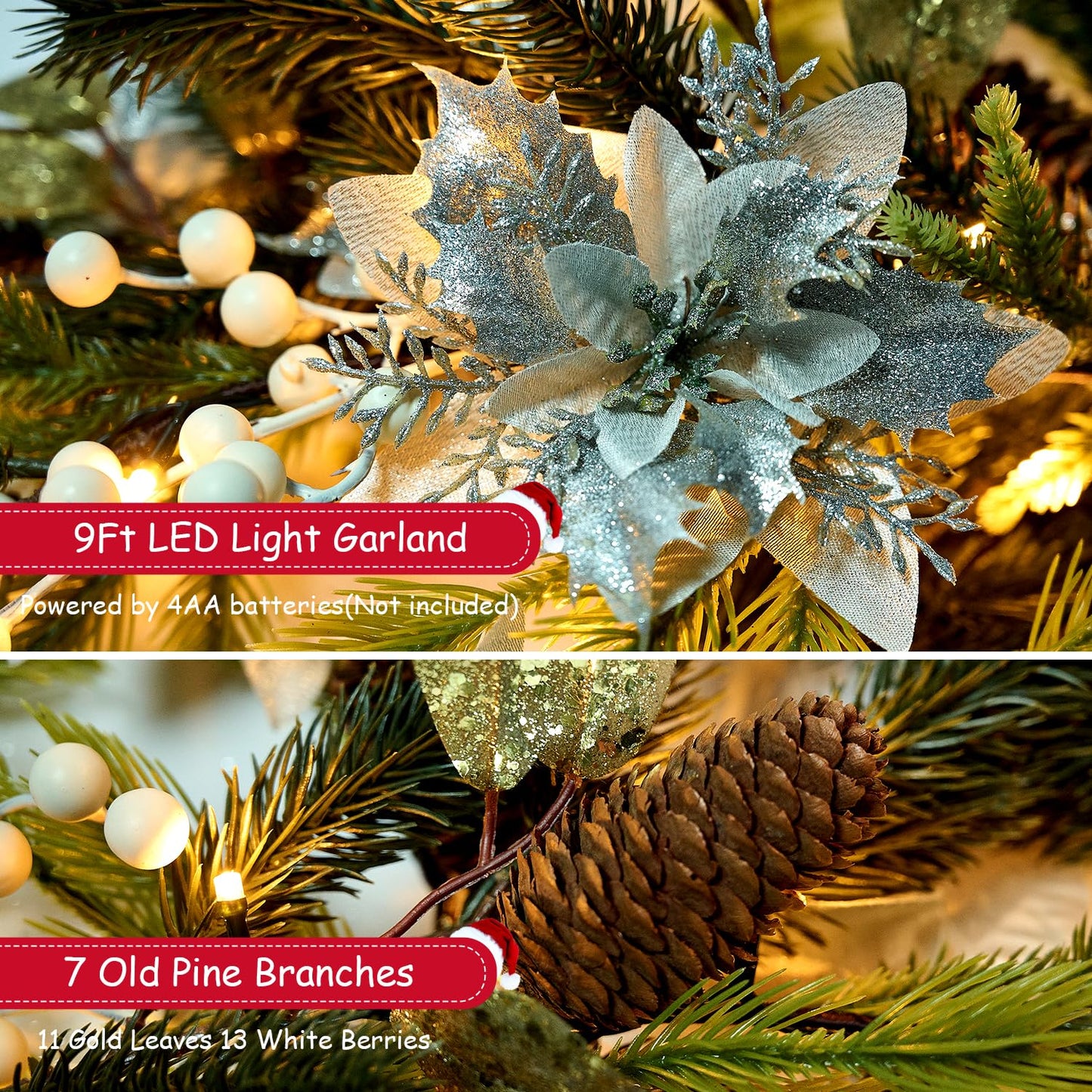 Christmas Garland Decoration with Lights - 9FT 70 LED Lighted Christmas Garland with Pine Cones, Berry Clusters, White Flower, Pine Branches, Leaves, Mixed Decorations for Mantle Fireplace Stairs Door