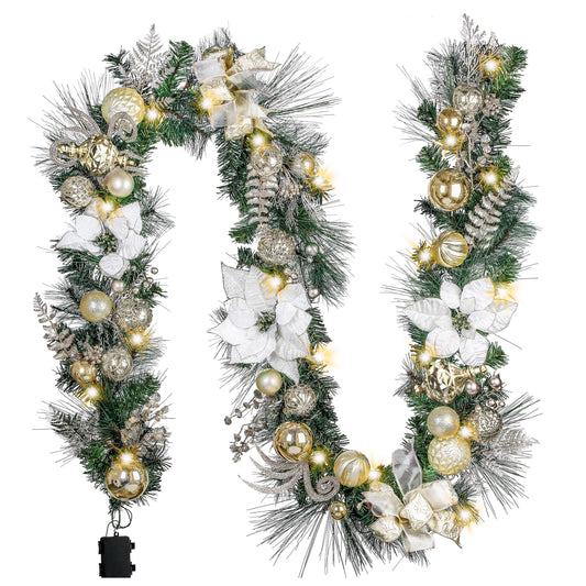 Valery Madelyn 9 feet Pre-Lit Christmas Garland with Lights for Mantle, Lighted Battery Operated Xmas Garland with White Gold Balls for Front Door Fireplace Table Centerpiece Outdoor Window Home Decor