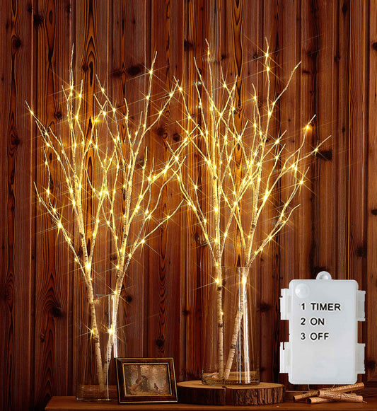 Hairui Lighted Artificial Twig Birch Tree Branch with Fairy Lights 30IN 100 LED Battery Operated Lighted Willow Branch for Home Christmas Decoration 2Set (Vase Excluded)