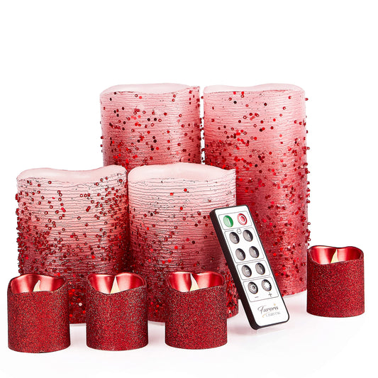 FURORA LIGHTING Red Glitter Real Wax LED Candles with Remote and 6/18 Timer, 4 Pillars and 4 Votives Pack of 8, Flameless Flickering Candles for Home Décor, Battery Included