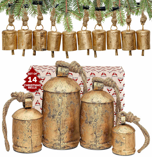 AKATVA Large Christmas Bells for Decoration – Cow Bells for Rustic Christmas Decor – Gold Bells for Christmas Decorations – Vintage Christmas Decor – Rustic Bells on Rope – Set of 14 Pieces