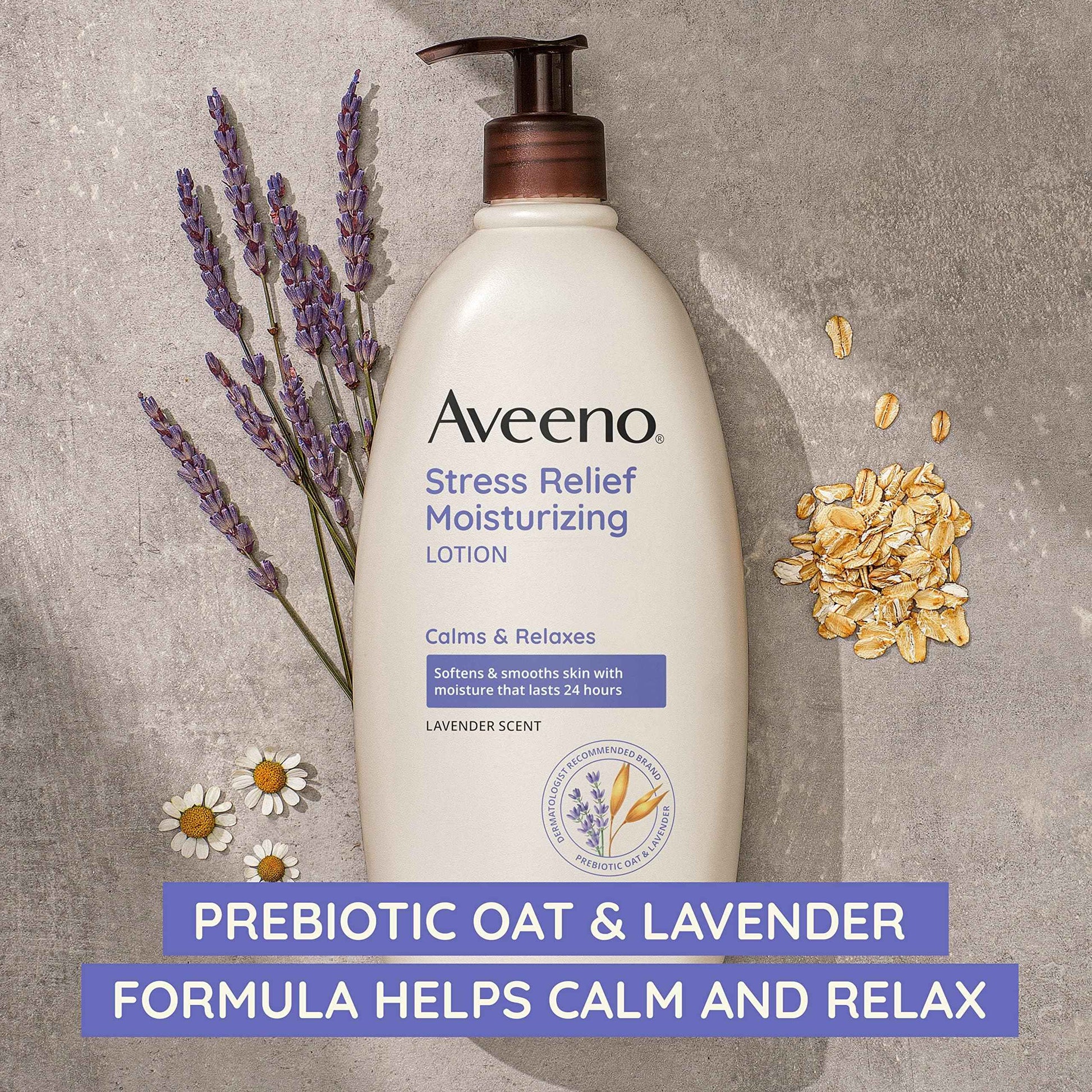 Aveeno Stress Relief Moisturizing Body Lotion with Lavender Scent, Natural Oatmeal to Calm & Relax, Non-Greasy Daily Stress Relief Lotion, 18 fl. oz (Pack of 3)