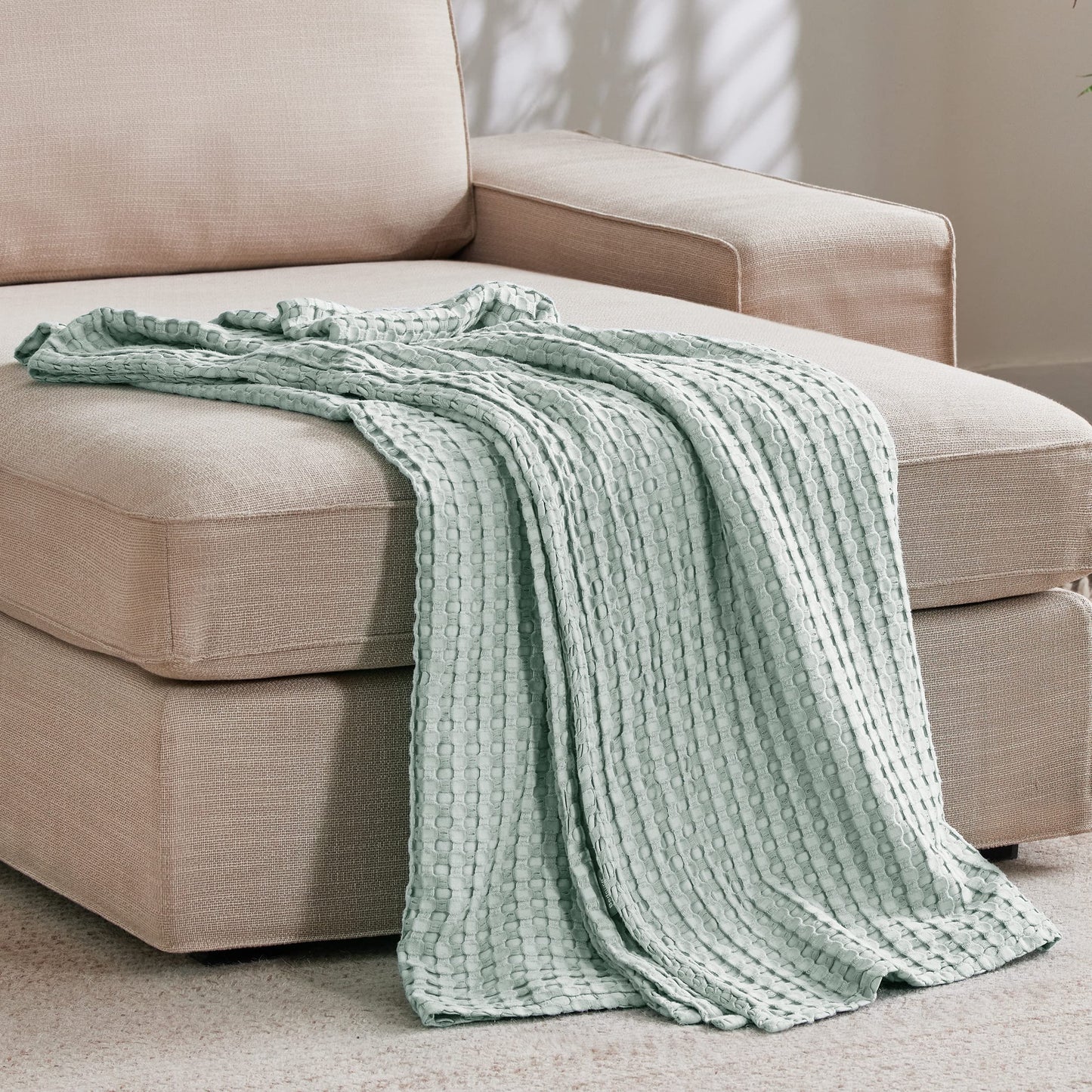 Bedsure Cooling Cotton Waffle Weave Blanket - Lightweight Breathable Blanket of Rayon Derived from Bamboo for Hot Sleepers, Luxury Throws for Bed, Couch and Sofa, Sage Green, 50x70 Inches