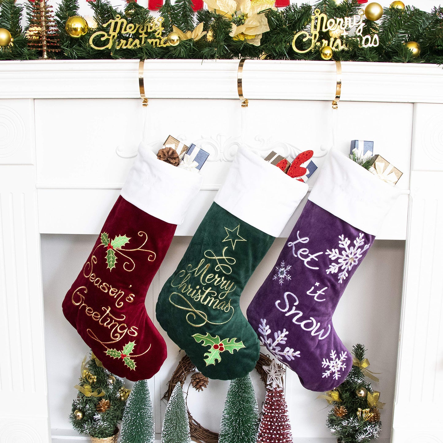 GEX Christmas Stockings 3 Pack for Family 22" Large Quilted Lining Embroidery Classic Luxury Velvet Red Green Purple Hanging Ornament Decorations for Fireplace Xmas Season (Set of 3)